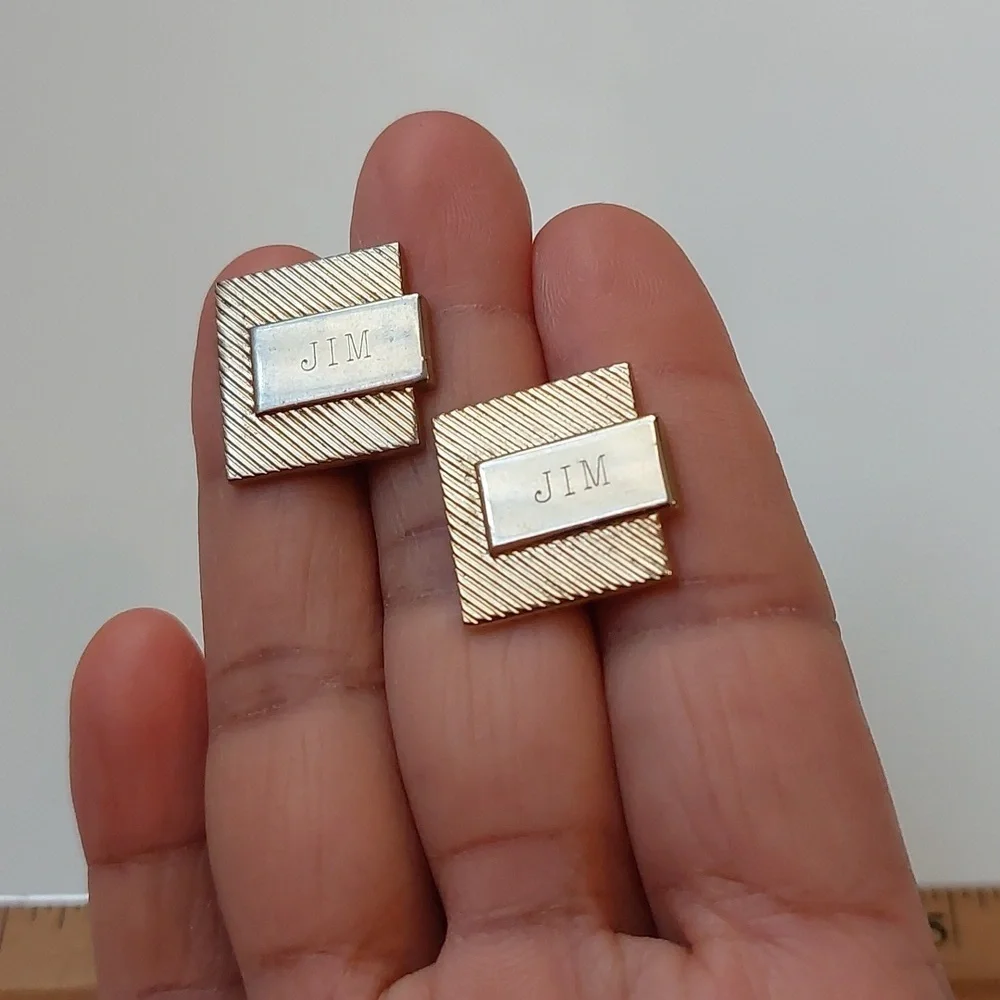 Vintage JIM Cufflinks Personalized Gold Tone Multi Texture Gift For Him